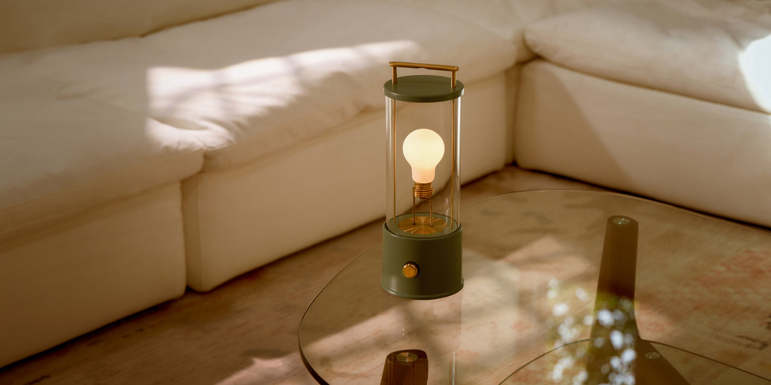 The Muse Portable Lamp in Pleasure Garden Green in lifestyle living room setting