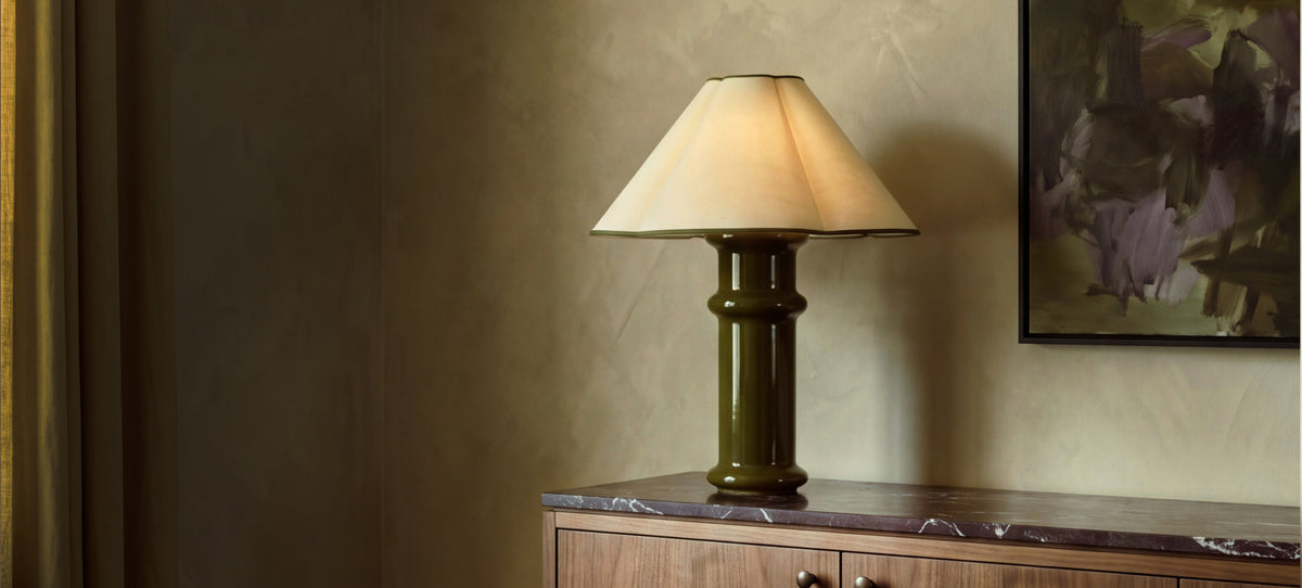Heath Table Lamp in Olive Green, lit