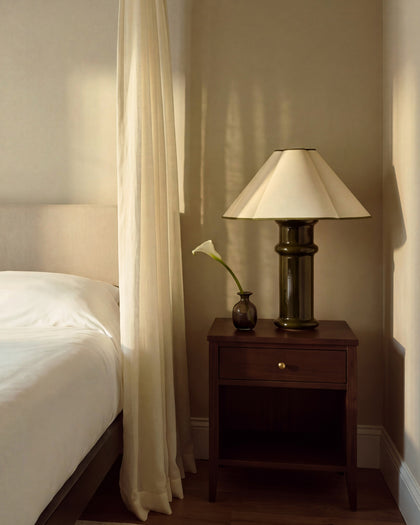 Heath Table Lamp in Olive Green, lit