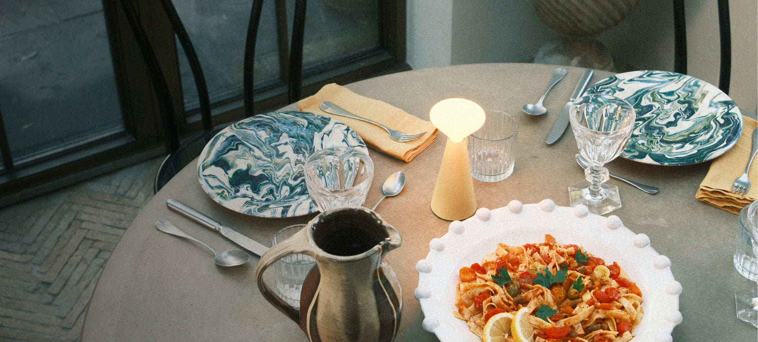 mantle portable lamp on a dining table in a spanish-style home