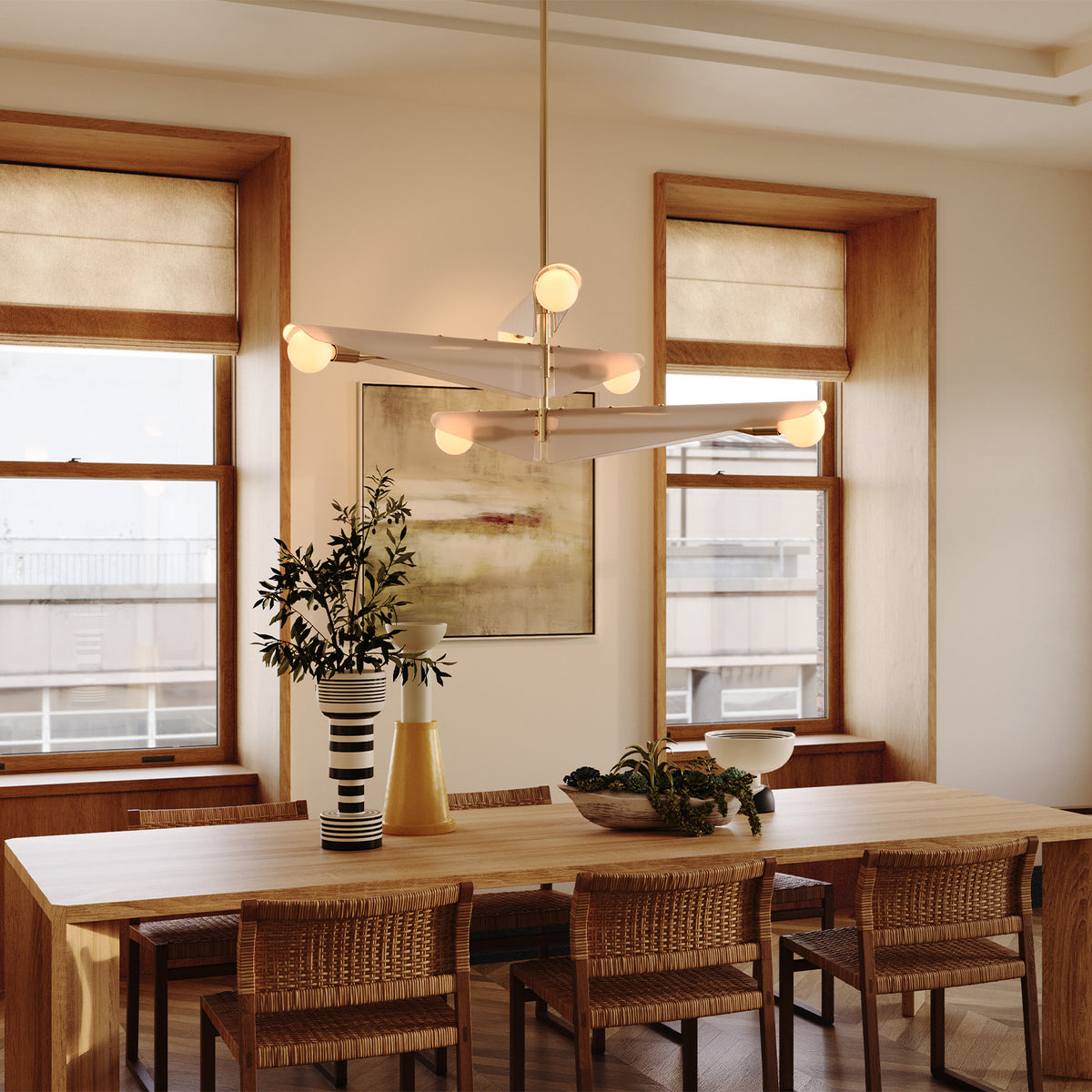 Lifestyle photo of Tala Sycamore 3-tier Dusk Pink Chandelier enhancing dining room ambiance