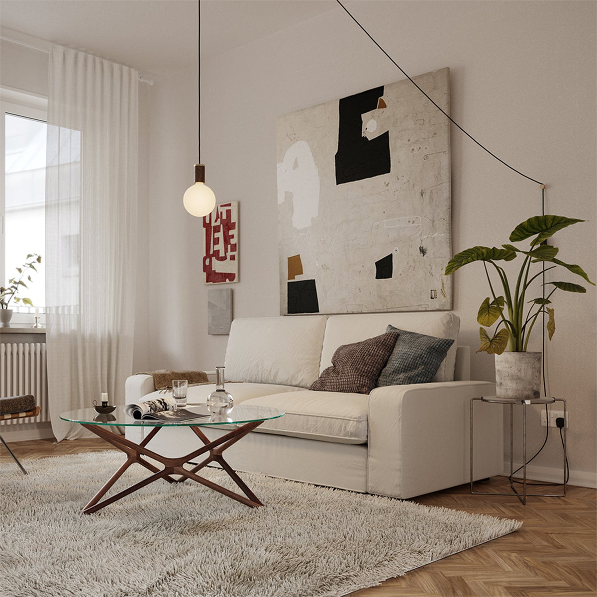 Tala plug-in pendants glowing softly, highlighting their simple plug-and-play design and versatile placement.